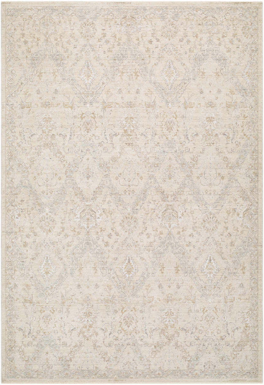 Close-up of the Almaas Cream Thick Luxe Area Rug featuring a traditional, subtle diamond and floral pattern. Design-Rectangle-6796