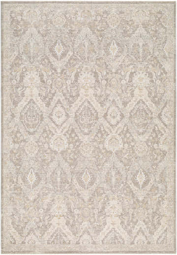 Almaas Medium Gray rug with a traditional damask pattern in neutral beige and gray tones. Luxe texture. Design-Rectangle-6796