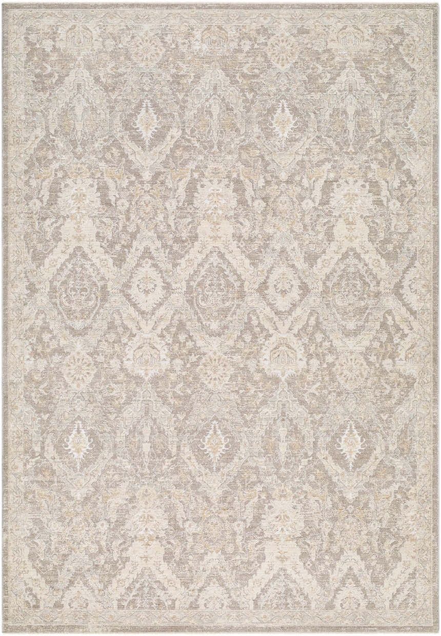 Almaas Medium Gray rug with a traditional damask pattern in neutral beige and gray tones. Luxe texture. Design-Rectangle-6796