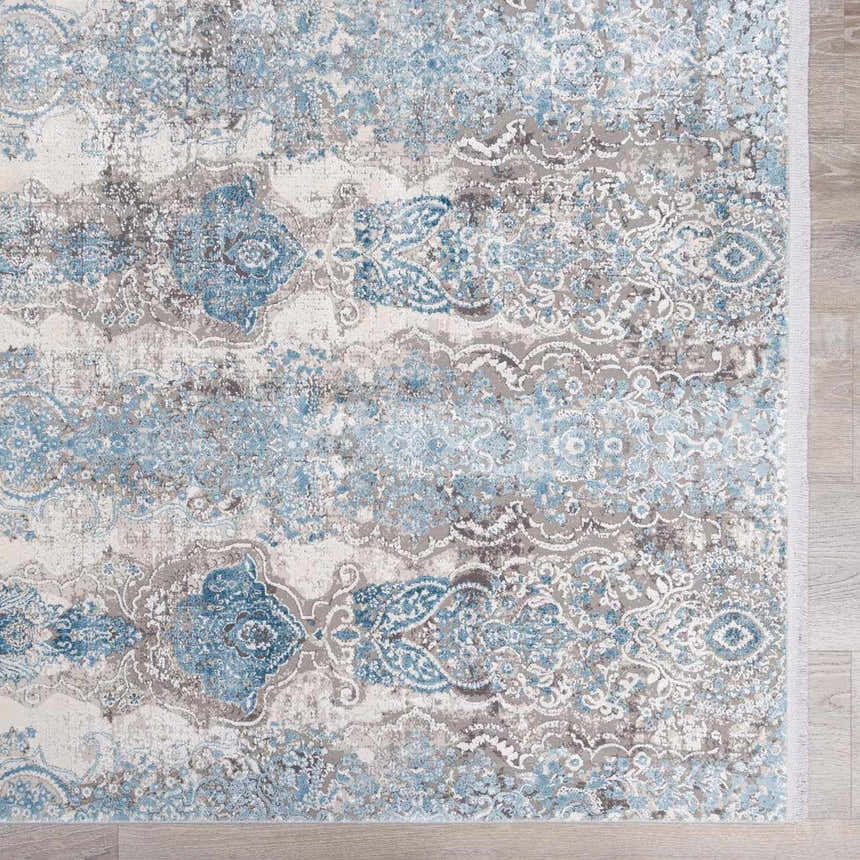Close-up of Rydalmere Luxury Ultra Soft Rug. Traditional pattern in shades of blue, gray, and cream. Machine woven texture. Swatch
