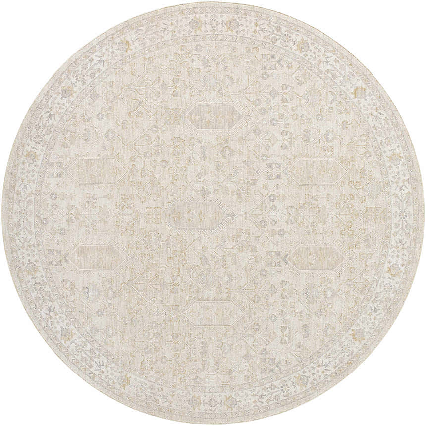 Round Rafee Tan Luxe Area Rug. Cream, ivory, and tan rug with a traditional, geometric pattern. Machine woven polyester. Design-Round-7