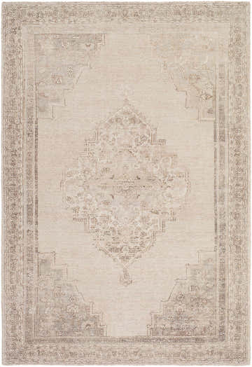 Close-up of the beige Luciana III Traditional Medallion Area Rug featuring a dark brown ornamental border and central medallion. Design-Rectangle-576