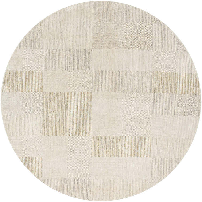 Close-up of a round Radia Luxe Rug in ash and silver gray. Farmhouse style rug with a geometric block pattern. Design-Round-7