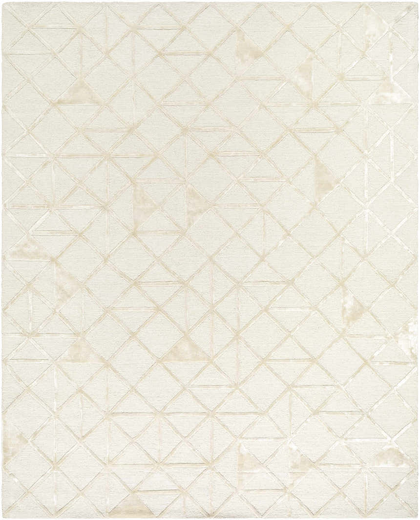 Close-up of Jevau Beige Geometric Rug. Hand-tufted wool and viscose rug with a raised diamond and triangle pattern. Design-Rectangle-810