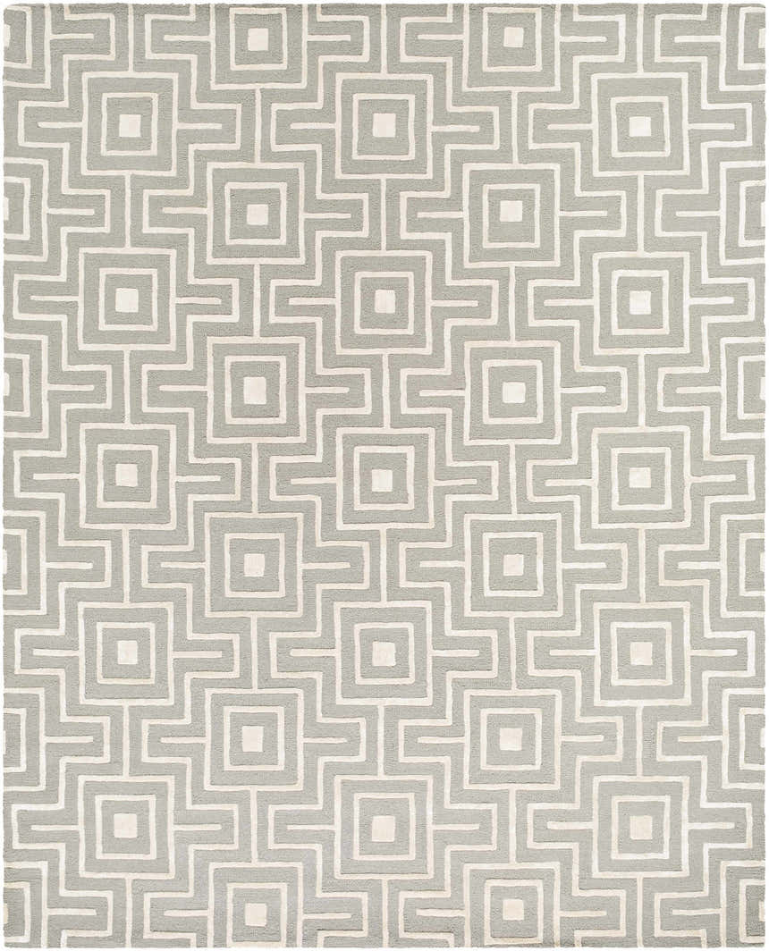 Close-up of the Fynn Beige Area Rug featuring a gray and bone geometric maze pattern. Hand-tufted wool and viscose rug. Design-Rectangle-810