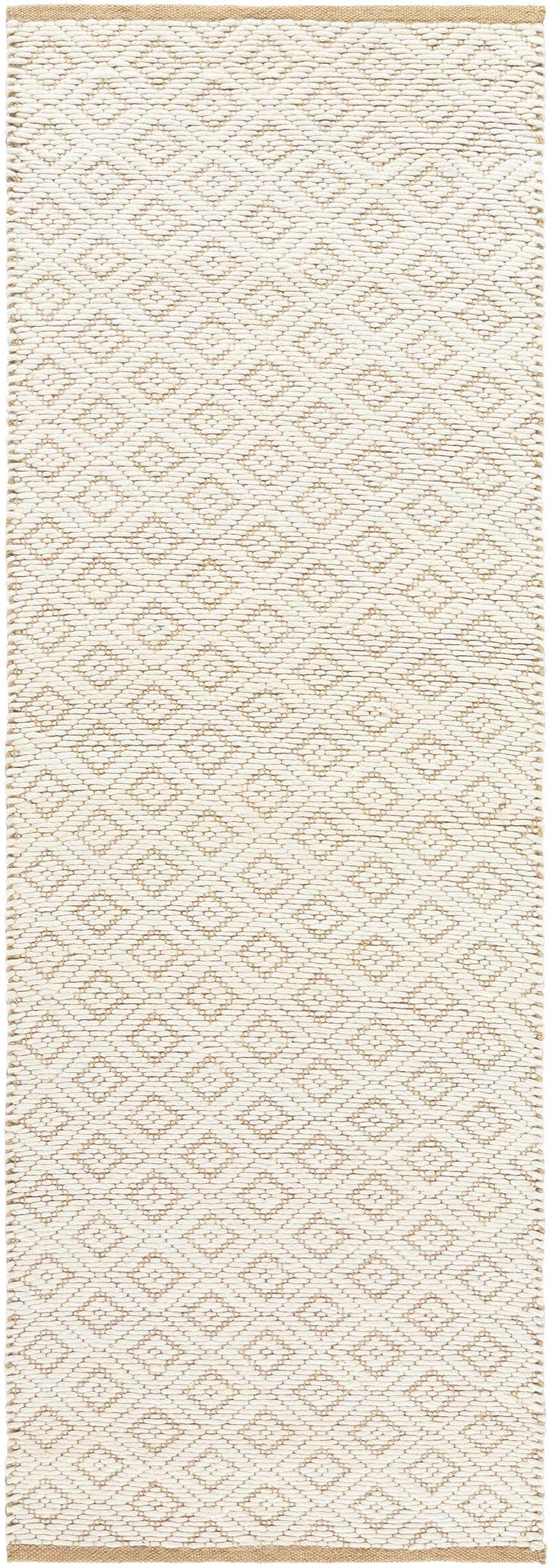 Close-up of the hand woven Irela Area Rug. Jute and wool rug with a beige diamond pattern. Farmhouse style. Design-Runner-268