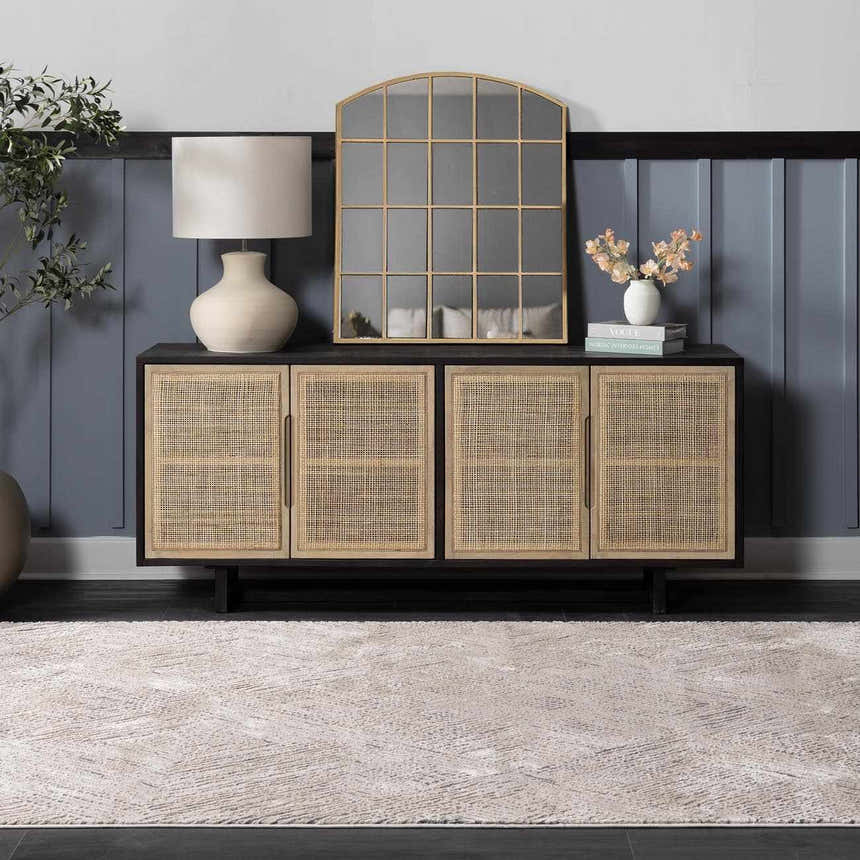 Living room scene with beige Garza Diamond Textured Washable Rug, dark wood console table, and neutral decor. Roomscene-Rectangle
