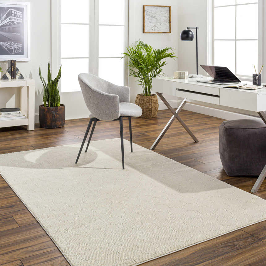 Bright home office with white desk and Gwen Washable Area Rug in lambswool color. Transitional style. Roomscene-Rectangle