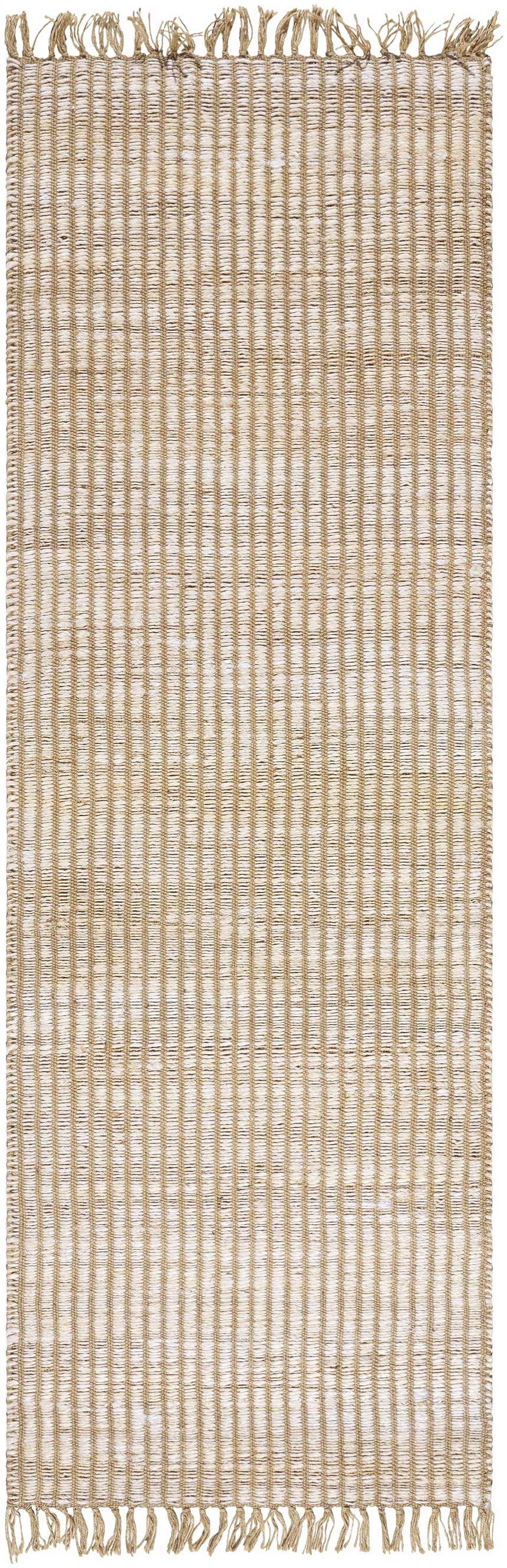 Close-up of the hand-woven Mihal Area Rug. Beige and light beige jute rug with a farmhouse, traditional, transitional style. Design-Runner-268