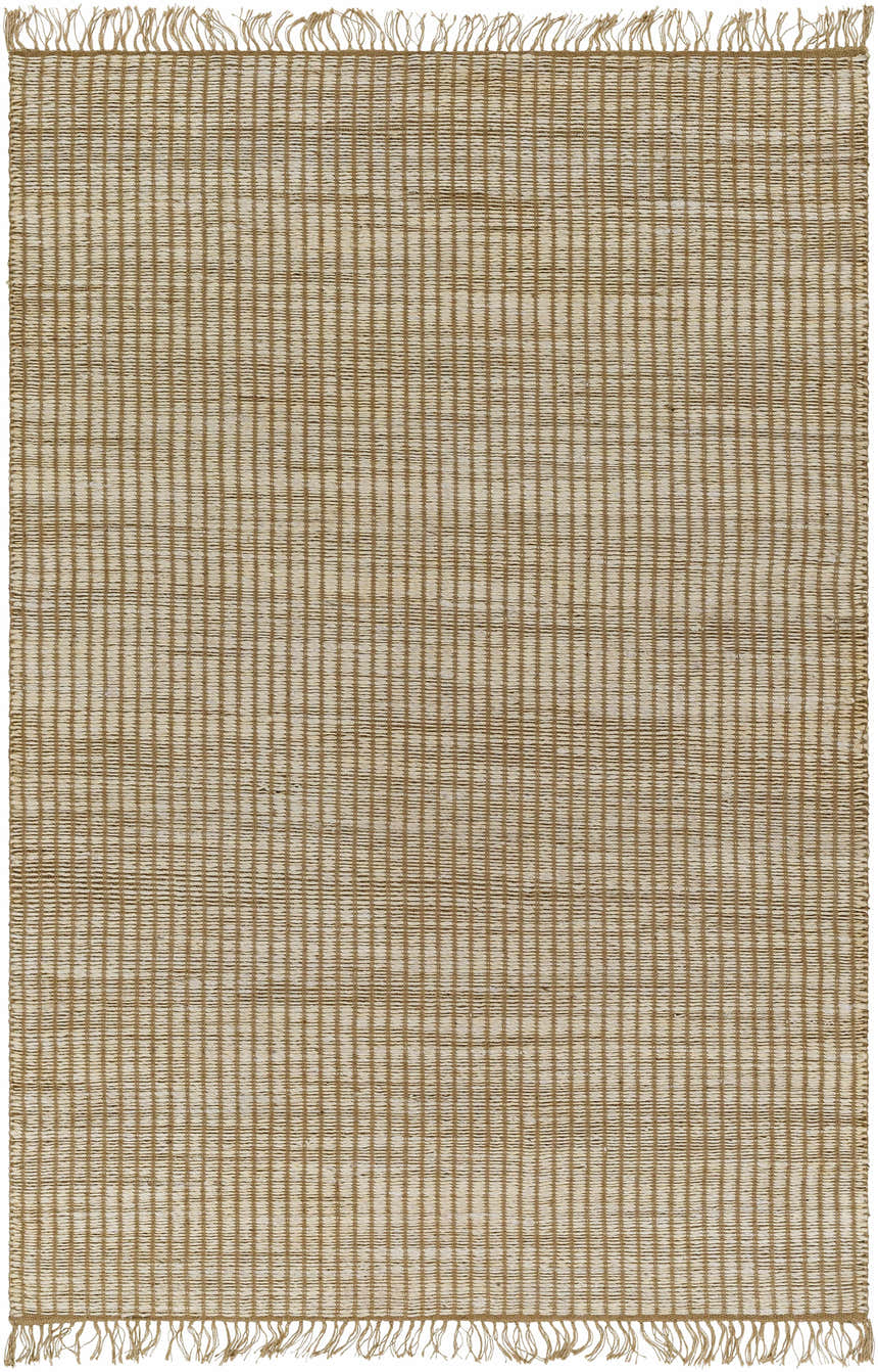 Close-up of the Mihal Area Rug. Beige and light beige jute rug with a hand-woven, farmhouse-style design and fringe. Design-Rectangle-576
