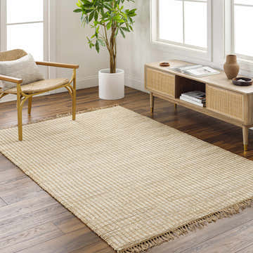 Farmhouse living room with beige Mihal Area Rug, jute texture, wood chair, and console table. Roomscene-Rectangle