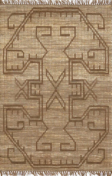 Close-up of the Ndoki Jute Rug. Hand-woven rug in camel and khaki with a geometric, farmhouse-style pattern and fringed edges. Design-Rectangle