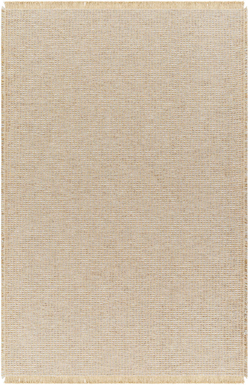 Close-up of the Kimi Machine Woven Becki Owens x LIVABLISS rug. Tan, light brown jute with a woven texture and fringed edges. Design-Rectangle-537