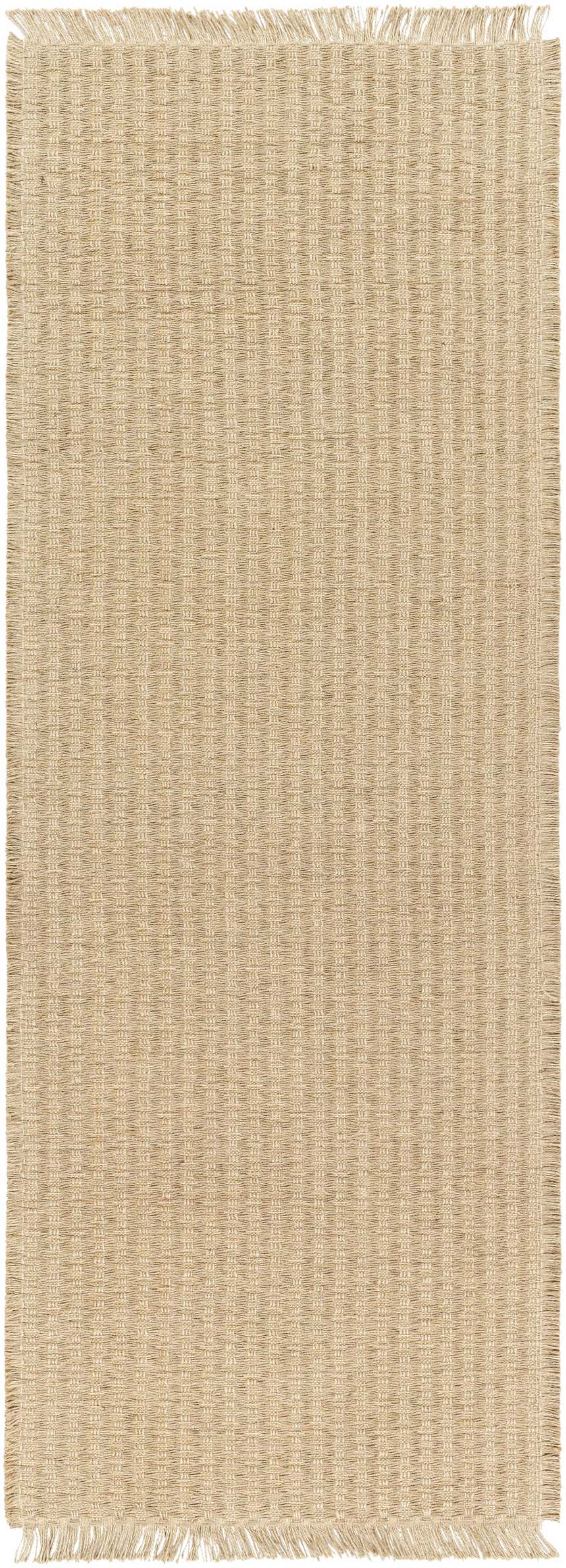 Close-up of the light brown, jute Kimi Becki Owens x LIVABLISS BOKM-2300 area rug with woven texture and fringed edges. Design-Runner-2773