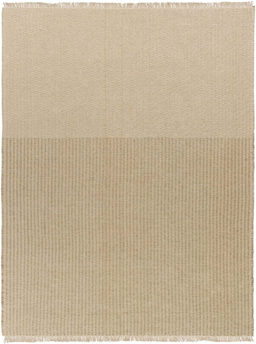 Close-up of the Kimi Machine Woven Becki Owens x LIVABLISS rug. Light brown jute with subtle stripe and fringe detail. Design-Rectangle-71010