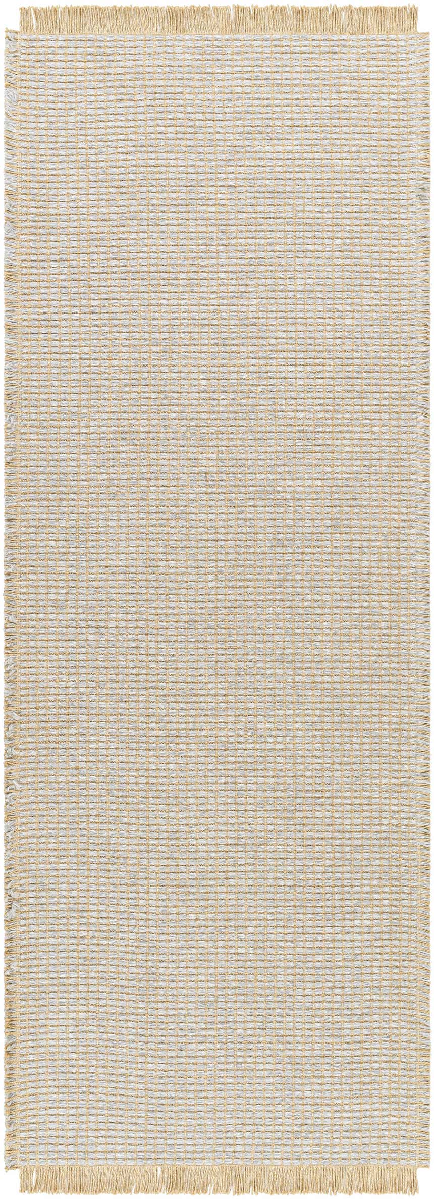 Close-up of Kimi Machine Woven Becki Owens x LIVABLISS rug. Gray and light brown jute with a woven grid pattern and fringed edges. Design-Runner-2773
