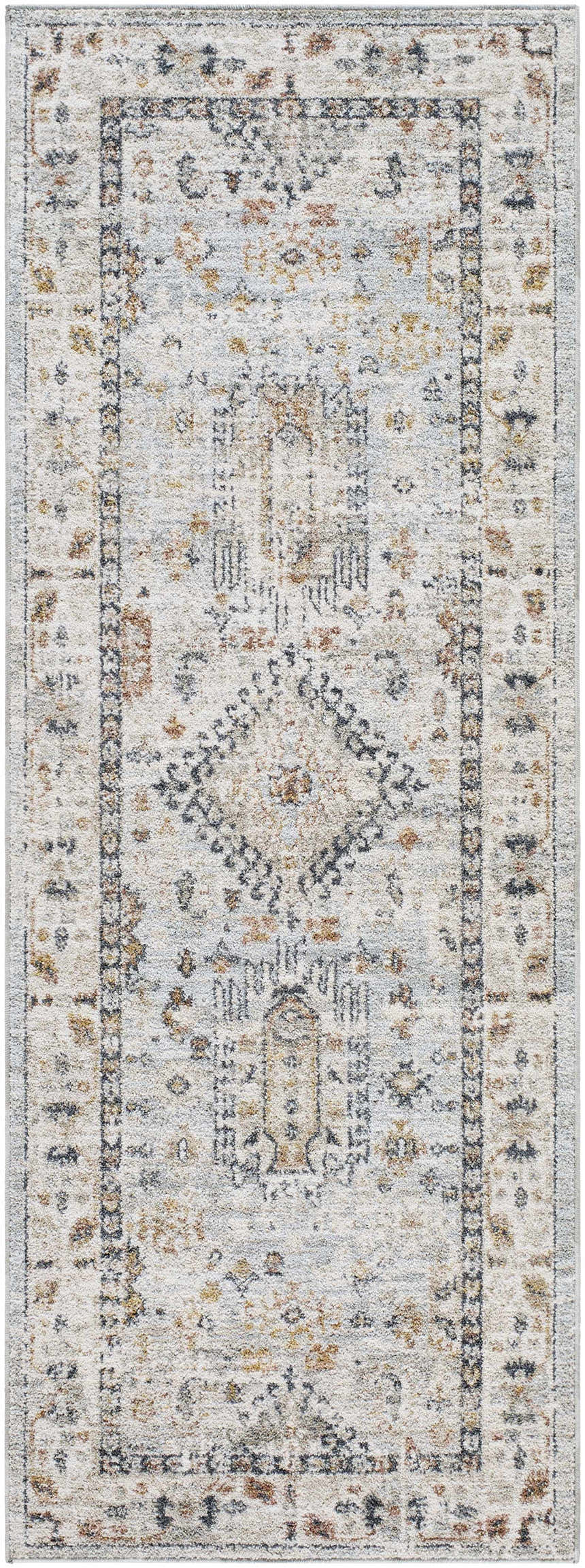Detailed view of the Kamau Cream & Blue Area Rug, a machine woven runner with a farmhouse style pattern. Light gray and natural gray tones. Design-Runner-2773