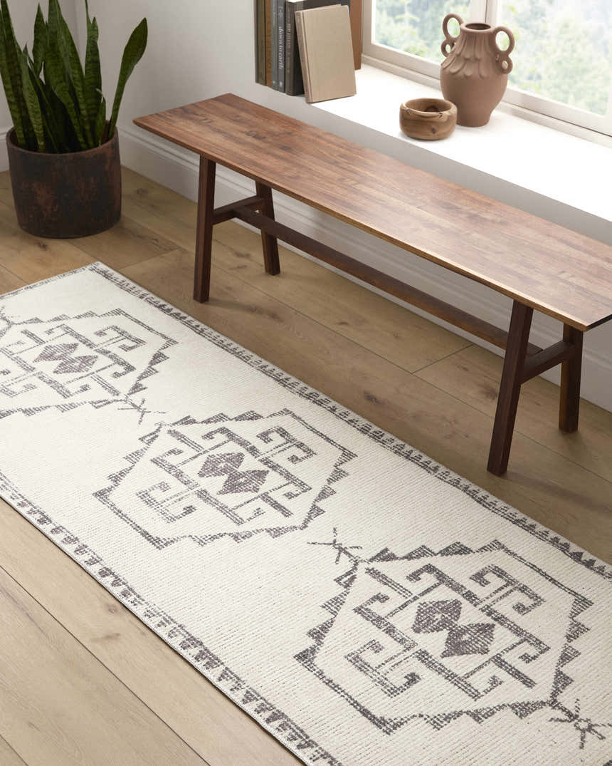 Entryway with Solona Medallion Beige Rug, wooden bench, potted plant, and wood floors. Farmhouse style. Roomscene-Runner
