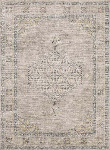 Close-up of the Lila Medallion Off-White Area Rug. Beige rug with a traditional medallion pattern and a subtle, distressed texture. Design-Rectangle