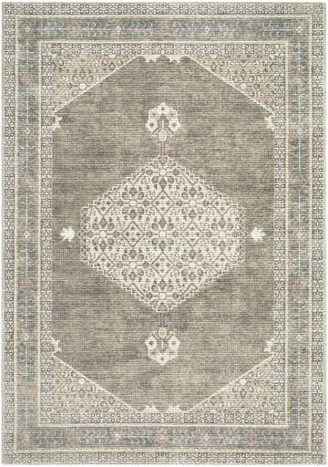 Close-up of the Lila Medallion Green Area Rug. Farmhouse style rug with charcoal, ivory, and taupe medallion pattern. Design-Rectangle-31157