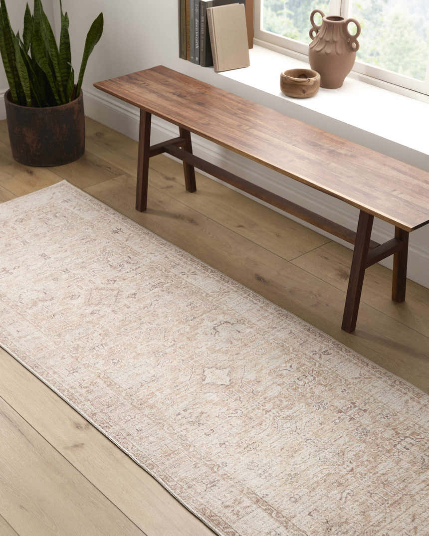 Farmhouse style hallway with wood floors and Nakia runner rug in beige, ivory, light brown, tan, and taupe. Roomscene-Runner