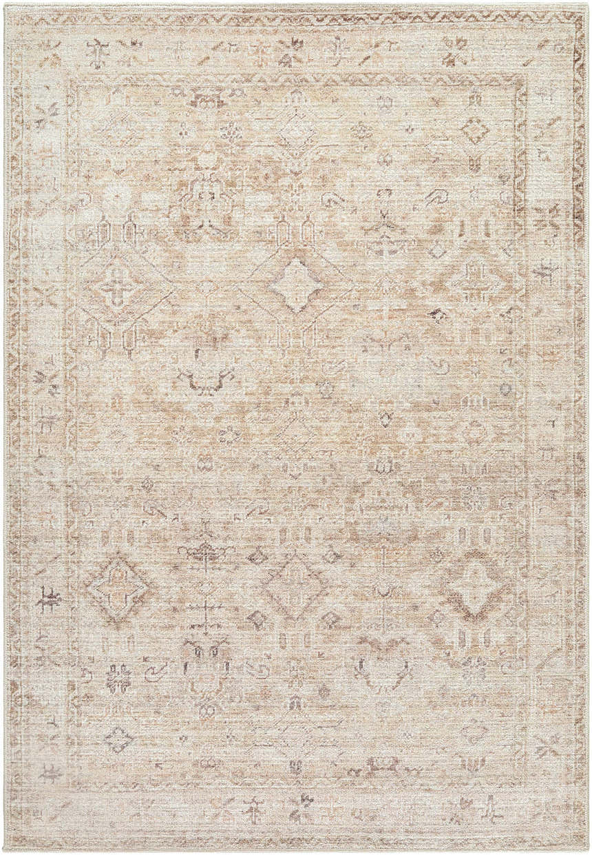 Close-up of the Nakia Area Rug, a machine-woven rug in beige, ivory, light brown, and taupe with a traditional pattern. Design-Rectangle-31157
