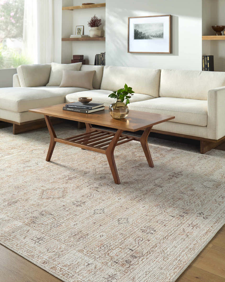 Beige Nakia Area Rug in a bright living room with a sectional sofa and mid-century modern coffee table. Roomscene-Rectangle