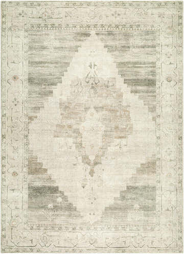 Close-up of the Luca Medallion Sage Area Rug. Farmhouse style rug with a traditional medallion pattern in sage and cream. Design-Rectangle-679