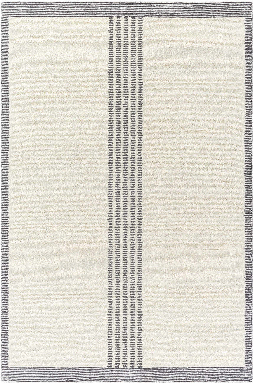 Close-up of the Ande Ivory Area Rug. Hand-tufted wool rug with light silver stripes and off-white background. Contemporary style. Design-Rectangle-576