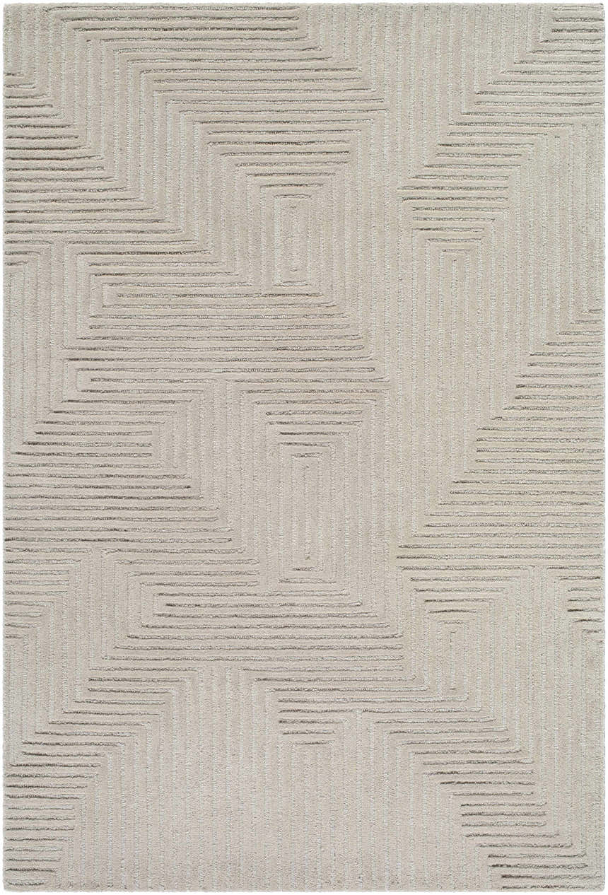 Close-up of the Citro Ivory Area Rug. Hand-tufted wool rug with a contemporary geometric pattern in neutral ivory tones. Design-Rectangle-576