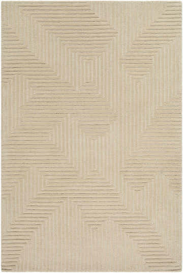 Close-up of a hand-tufted Citro Beige Area Rug. Contemporary style with a geometric square maze pattern. 100% wool texture. Design-Rectangle-576