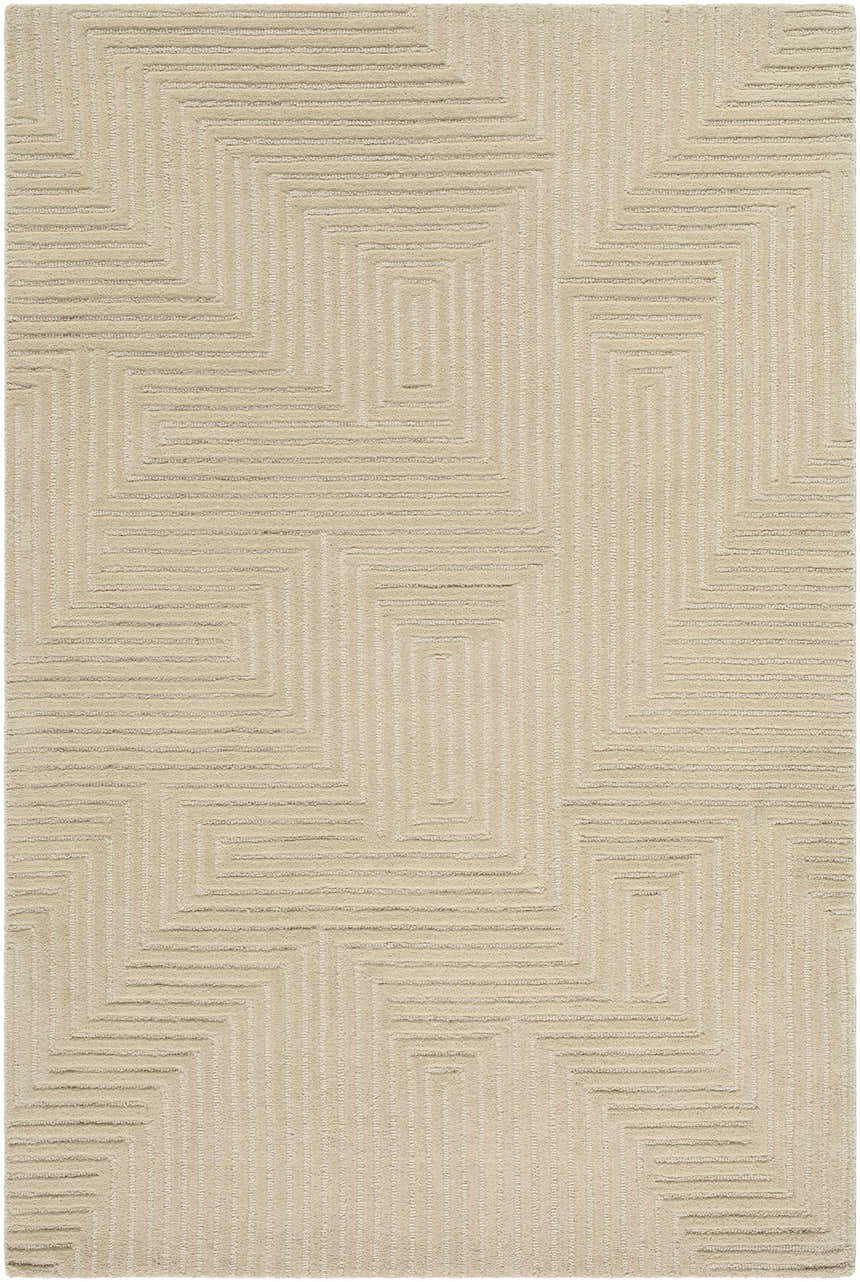 Close-up of a hand-tufted Citro Beige Area Rug. Contemporary style with a geometric square maze pattern. 100% wool texture. Design-Rectangle-576
