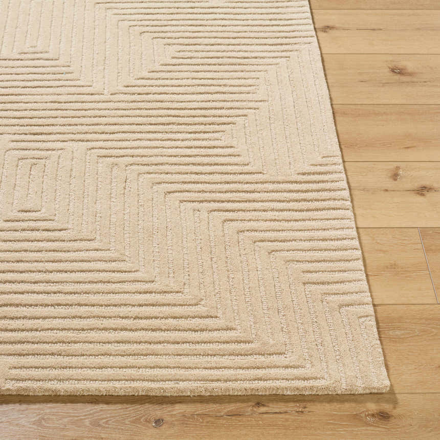Close up of the Citro Beige Area Rug showing its geometric design and hand tufted texture on wood floors. Front