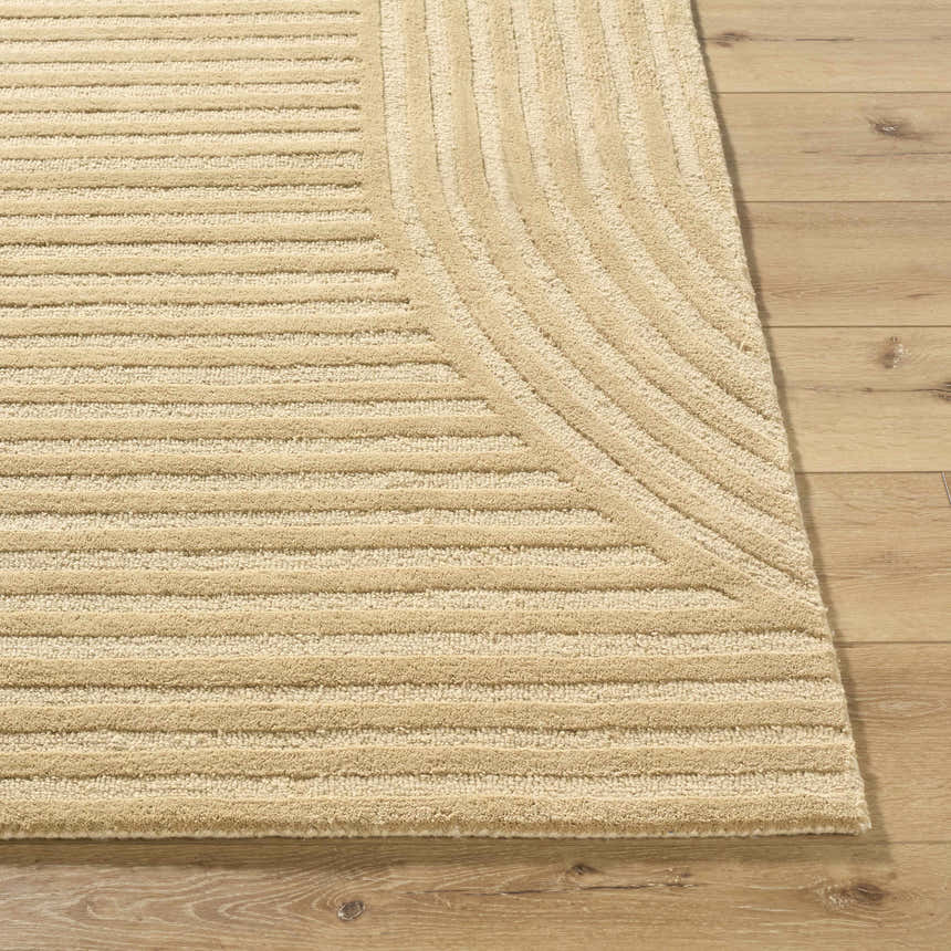 Close-up of the beige Whan Area Rug showing its textured, linear pattern and hand-tufted wool construction. Front