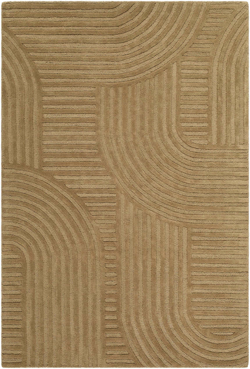 Close-up of the Whan Camel Area Rug. Hand-tufted wool rug with a contemporary geometric pattern in shades of camel. Design-Rectangle-576