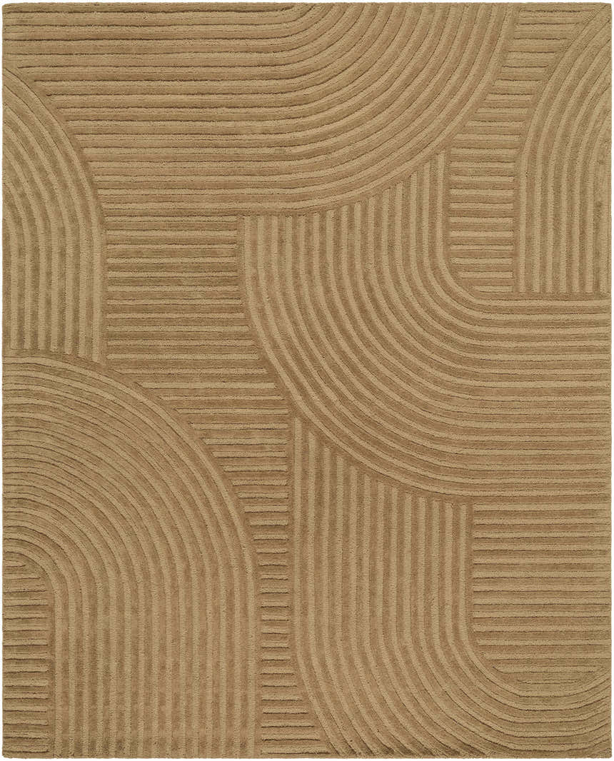 Close-up of the Whan Camel Area Rug showing its textured, contemporary design with curved and straight lines. Design-Rectangle-810