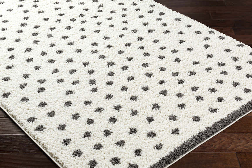 Close-up of the Chaia Dotted Black & White Plush Rug. Features a shag texture and a black dotted pattern on a white background. Corner