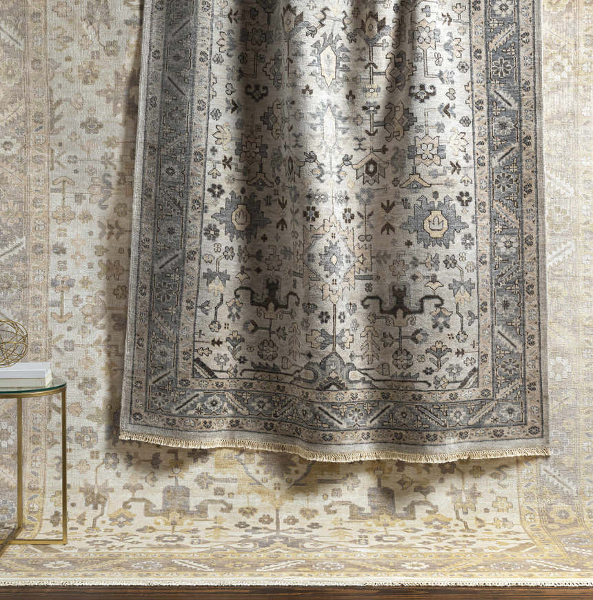 Styled room featuring the Carthage Area Rug in beige and gray, with a traditional oriental design. Styleshot