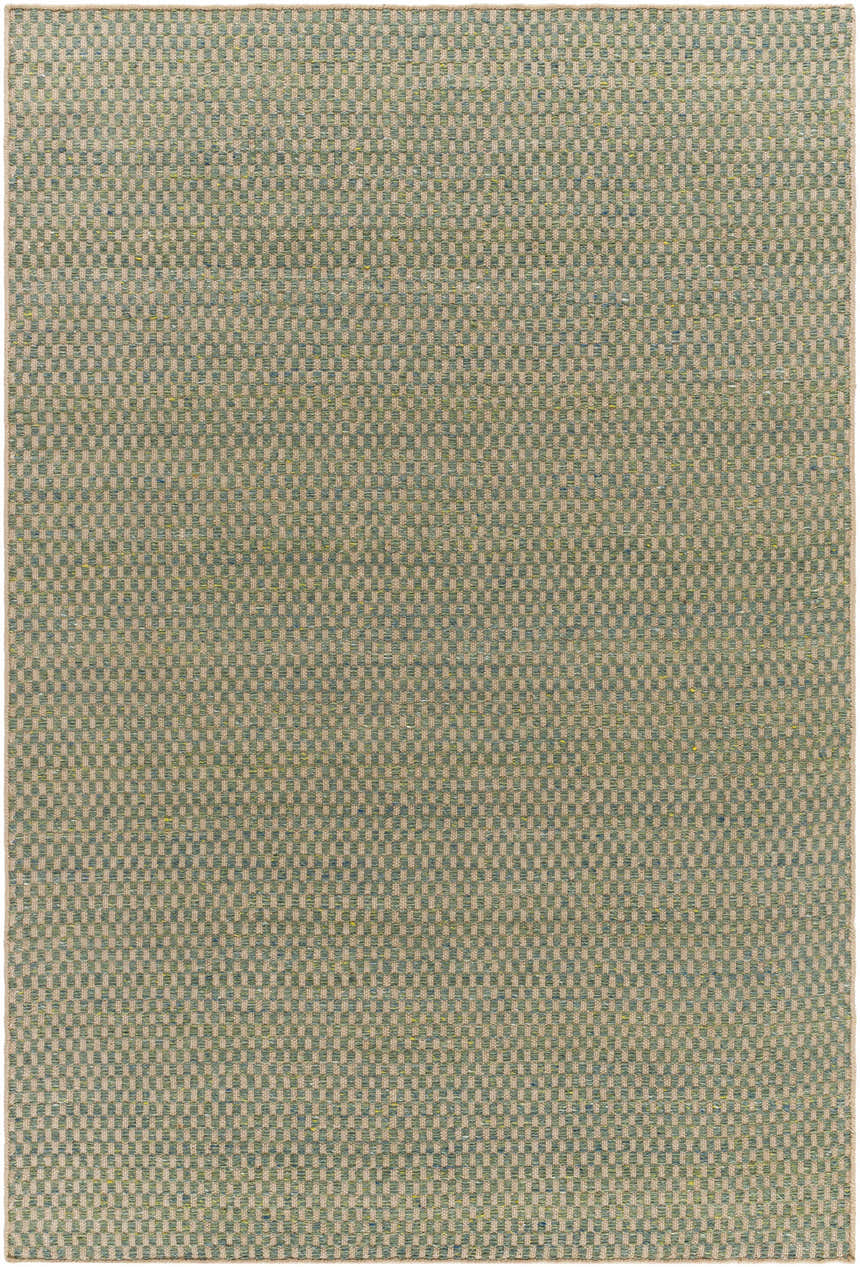 Close-up of the Verdel Sage Cottage Farmhouse Wool Handmade Area Rug showing sage, tan, and teal woven checkerboard pattern. Design-Rectangle-576