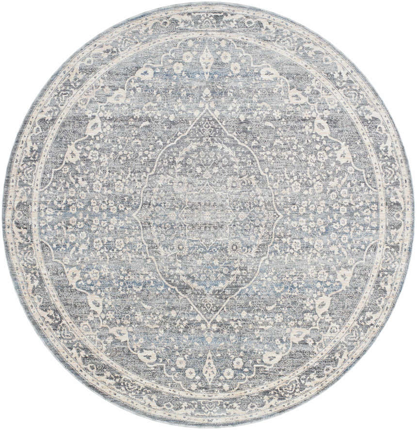 Round Anouk Area Rug, dark gray and light gray traditional design, machine woven. Design-Round-67