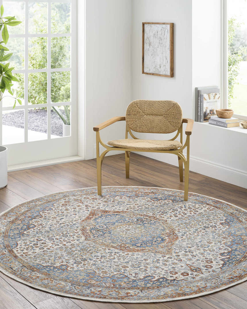 Light-filled room with a round Bojan Area Rug in beachhouse, brown, and blue tones under a woven chair. Roomscene-Round