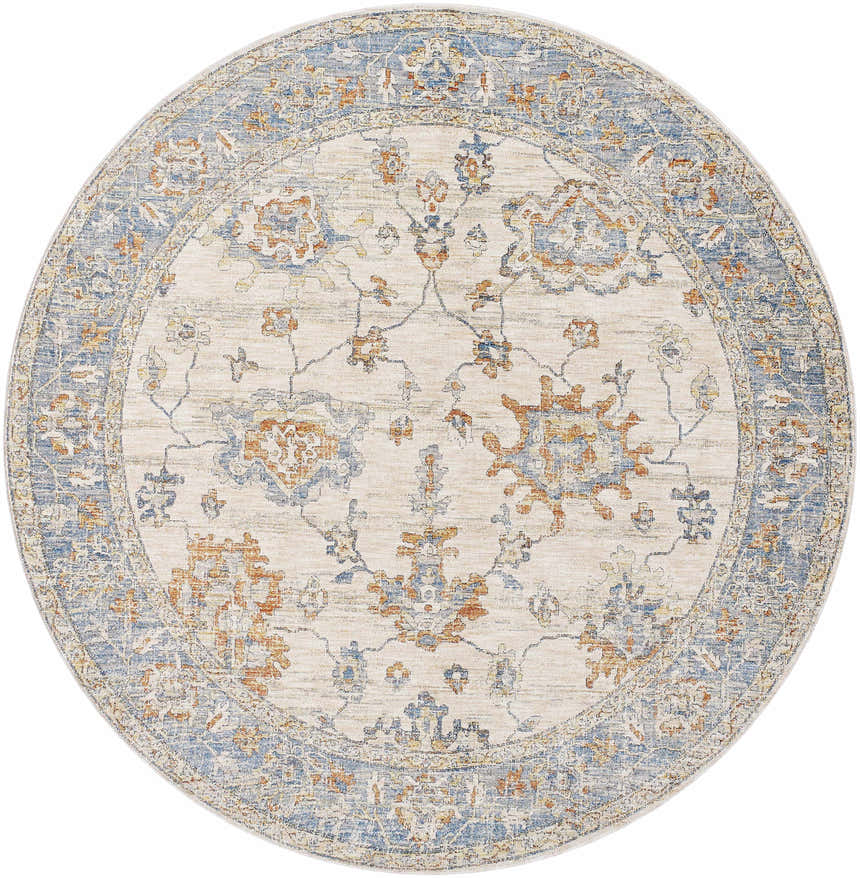 Round Luma Area Rug in faded driftwood, lambswool, and blue. Traditional floral pattern, machine woven polyester rug. Design-Round-67