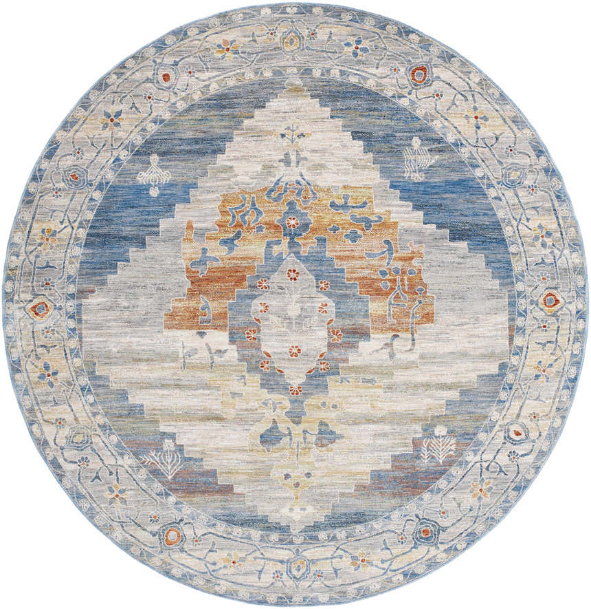 Round Shin Area Rug in clay, copper, denim, and gray. Farmhouse style rug with a traditional floral border pattern. Design-Round-67