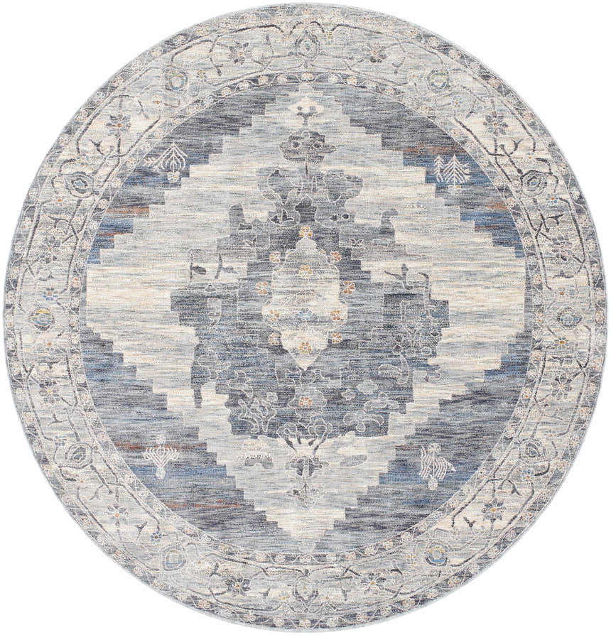 Round Unna Area Rug - Clearance. Traditional style rug in dusty sage, eggplant, and taupe with a geometric and floral pattern. Design-Round-67