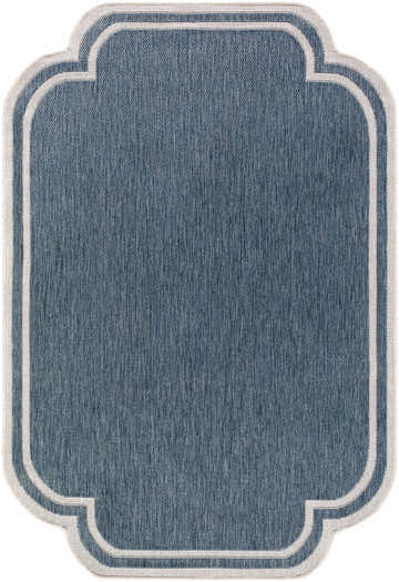 Close-up of the Arnola Blue Outdoor Rug. Features a blue woven texture and cream quatrefoil border. Design-Rectangle-537