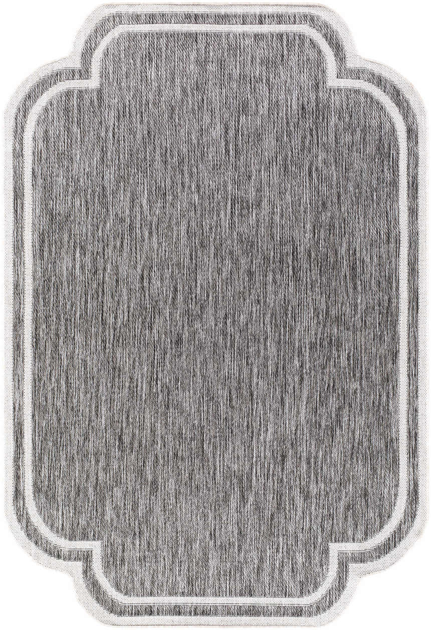 Close-up of Arnola Gray Outdoor Rug; charcoal and cream fibers with a traditional farmhouse border design. Design-Rectangle-537