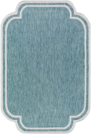 Close-up of the Arnola Light Blue Outdoor Rug, showing its aqua color and cream border. Design-Rectangle-537