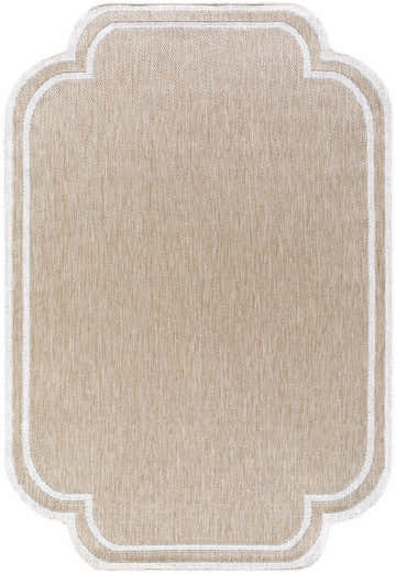Close-up of Arnola Tan outdoor rug featuring a cream border and farmhouse style weave. Design-Rectangle-537