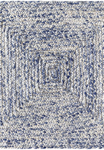 Close-up of the hand woven Kenyi Navy Area Rug. Features a concentric square pattern in navy and white recycled PET yarn. Design-Rectangle