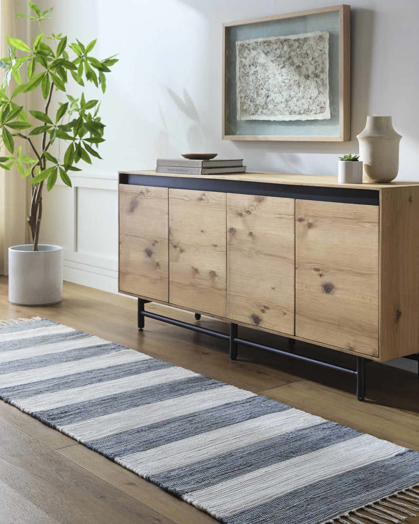 Entryway with wood floors, cabinet, and striped Moby Gray Blue Area Rug runner. Roomscene-Runner